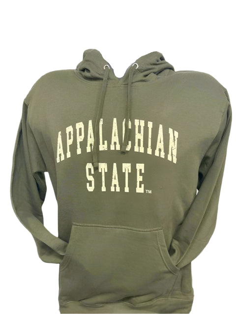 Green hoodie with 'Appalachian State' text on a white background