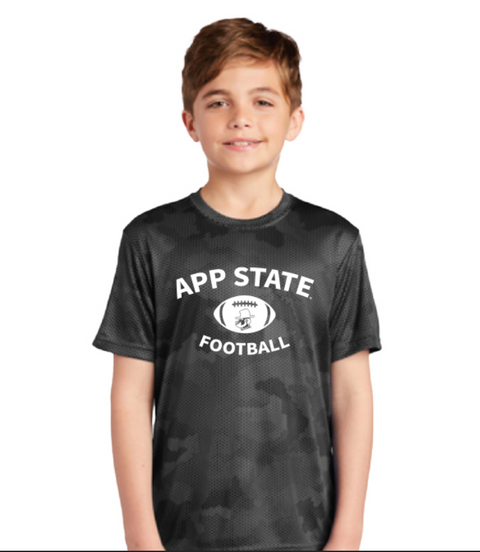 Moisture wicking App State Football Youth Shirt on Stealth Camo